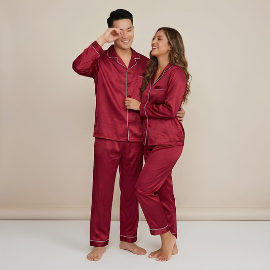 Inner Bazar wine red couple night suit - close-up detail