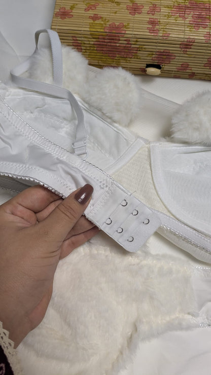 Inner Bazar white teddy bear plush bra and panty set - worn by model 4