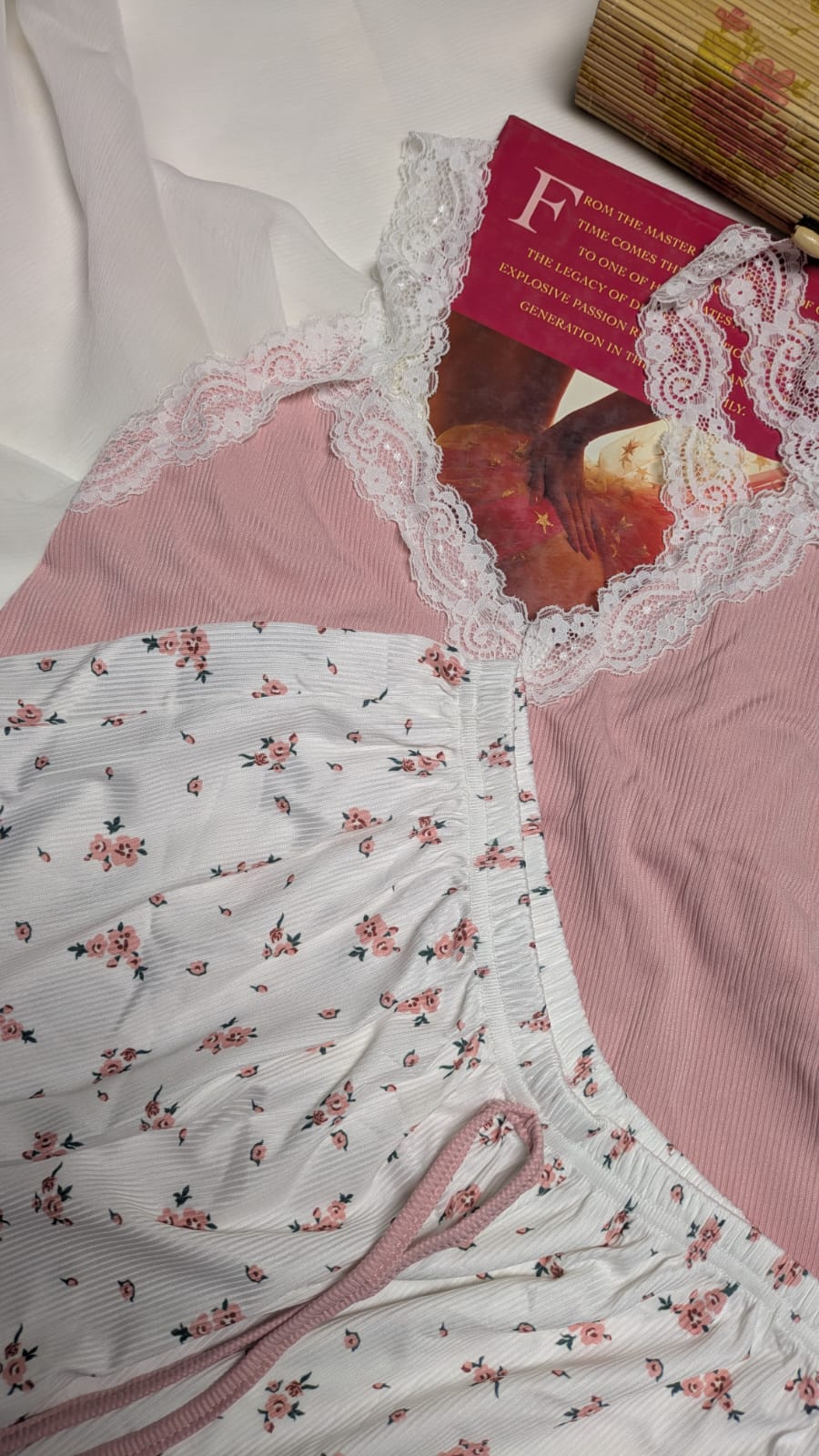 Inner Bazar pink lace cami shorts night suit - worn by model 1