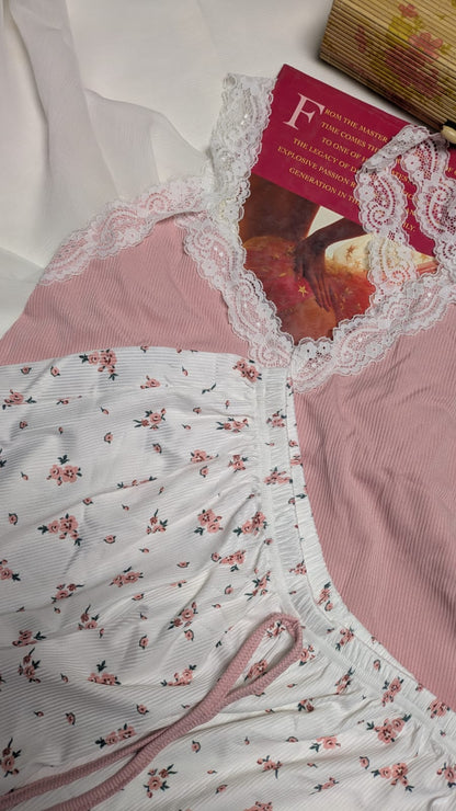 Inner Bazar pink lace cami shorts night suit - worn by model 1