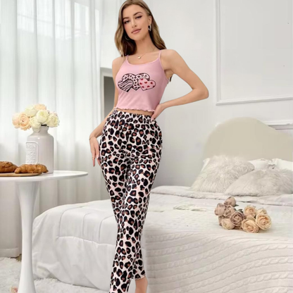 Inner Bazar pink leopard print cami pajama set - front view