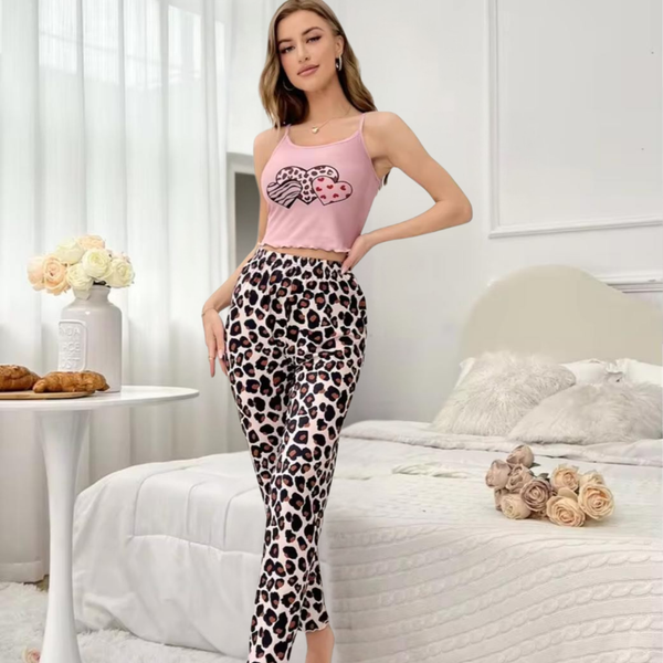 Inner Bazar pink leopard print cami pajama set - front view