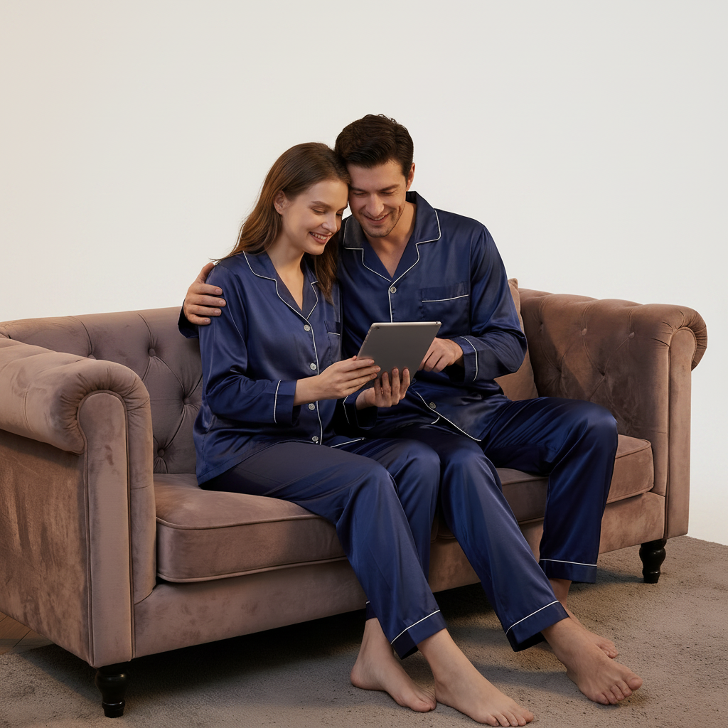 Inner Bazar navy blue couple silk pajama set - worn by couple