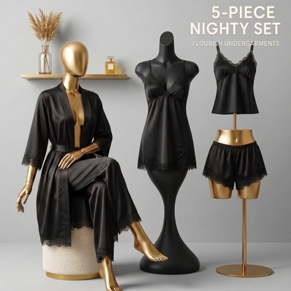 Inner Bazar black satin lace 5-piece nightwear set - worn by model