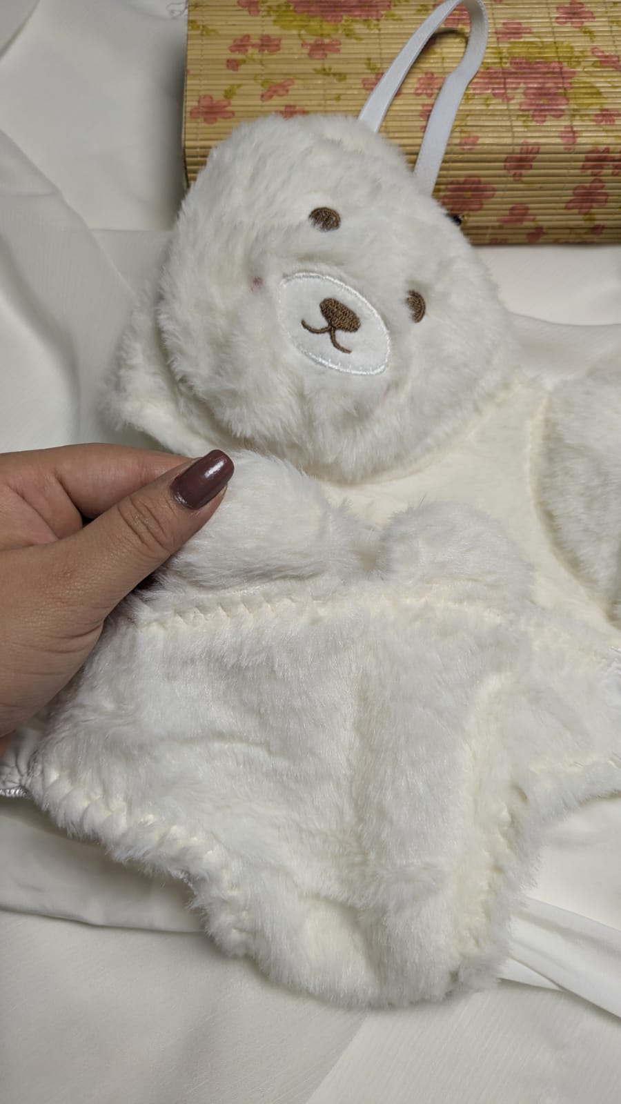 Inner Bazar white teddy bear plush bra and panty set - worn by model 2