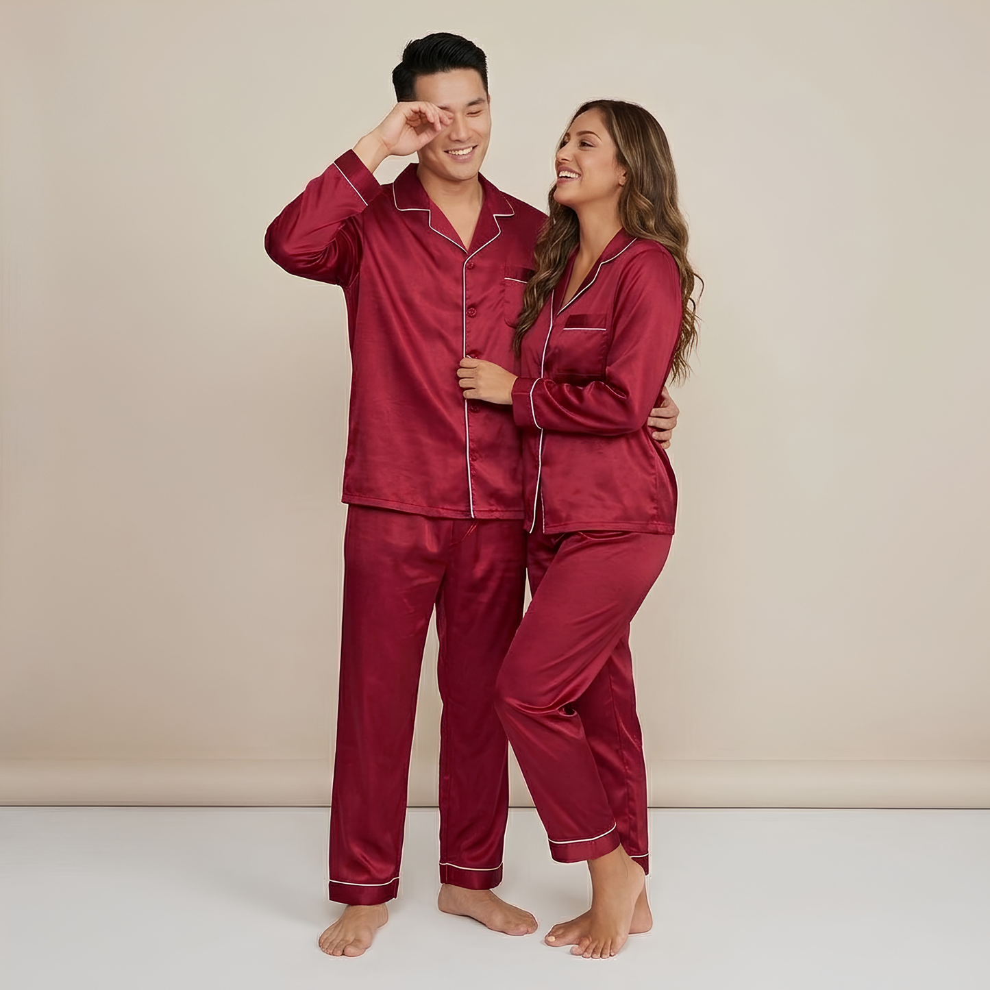 Inner Bazar wine red couple night suit - close-up detail