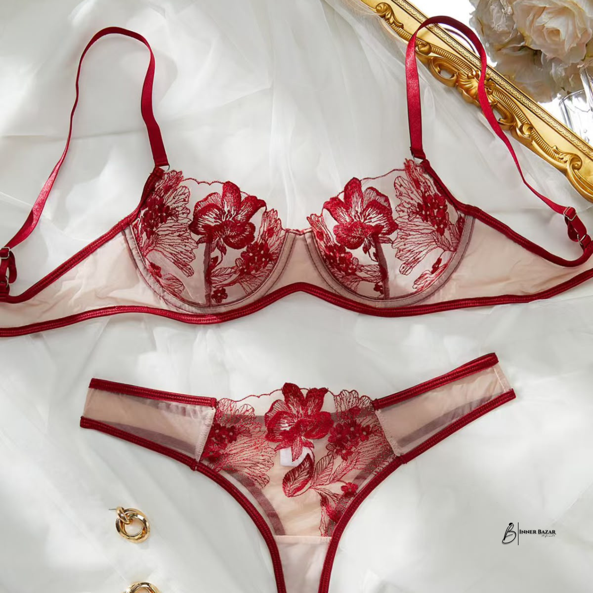 Inner Bazar luxury embroidered bra set - close-up lace detail