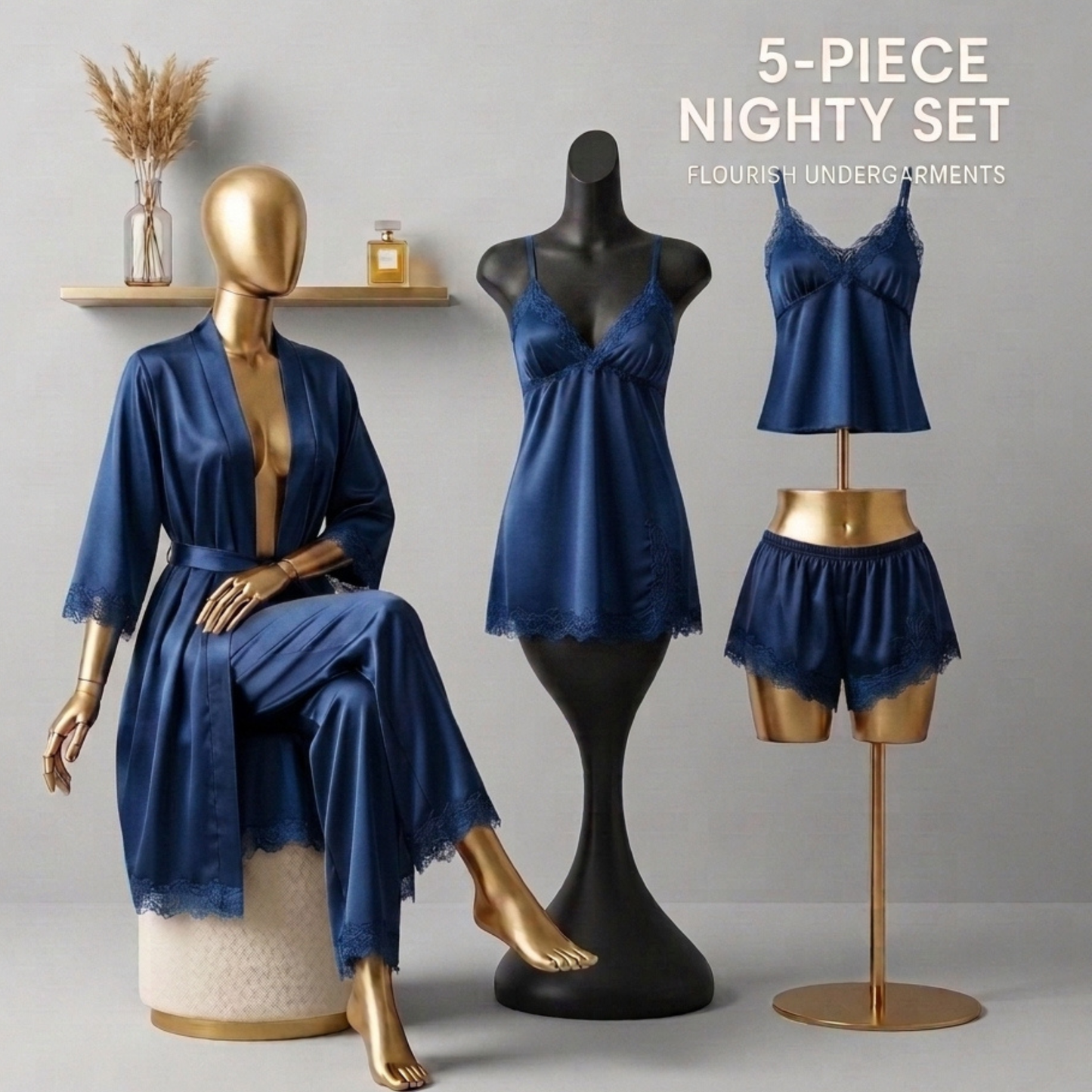 Inner Bazar blue satin 5-piece nightwear set - worn by model