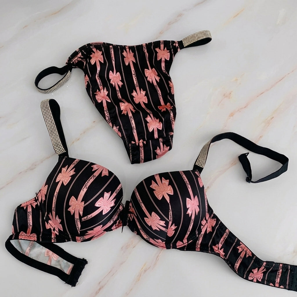 Inner Bazar printed crystal strap bra set - flat lay view
