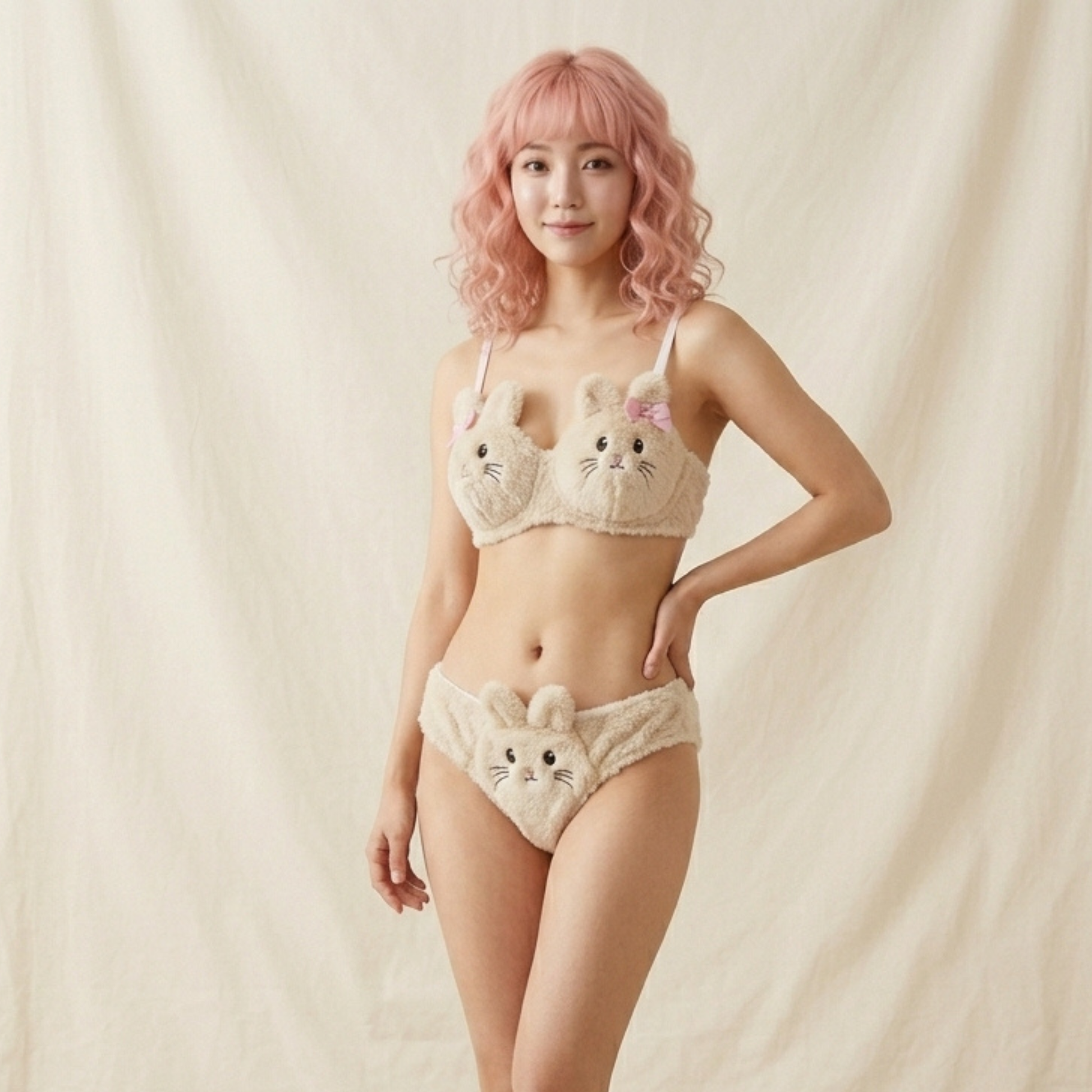 Inner Bazar cream cute bear plush bra and panty set - back view