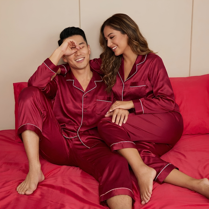 Inner Bazar wine red couple night suit - flat lay view