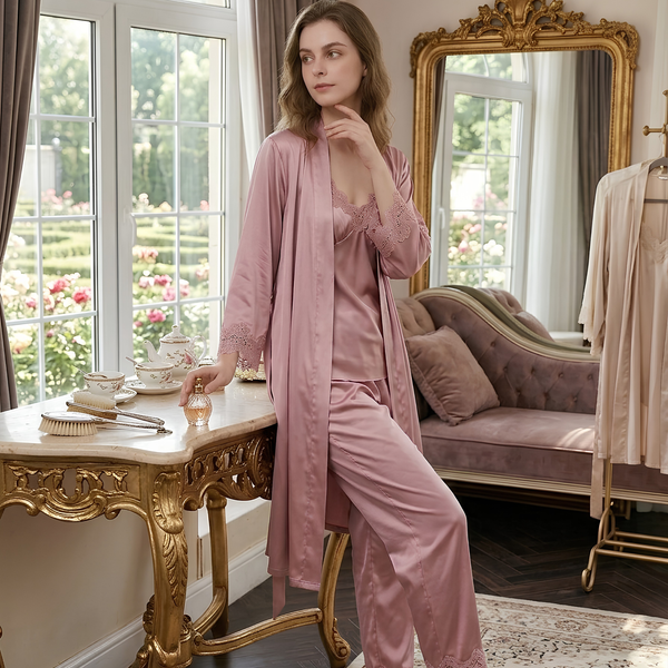 Inner Bazar pink 5-piece satin nightwear set - front view