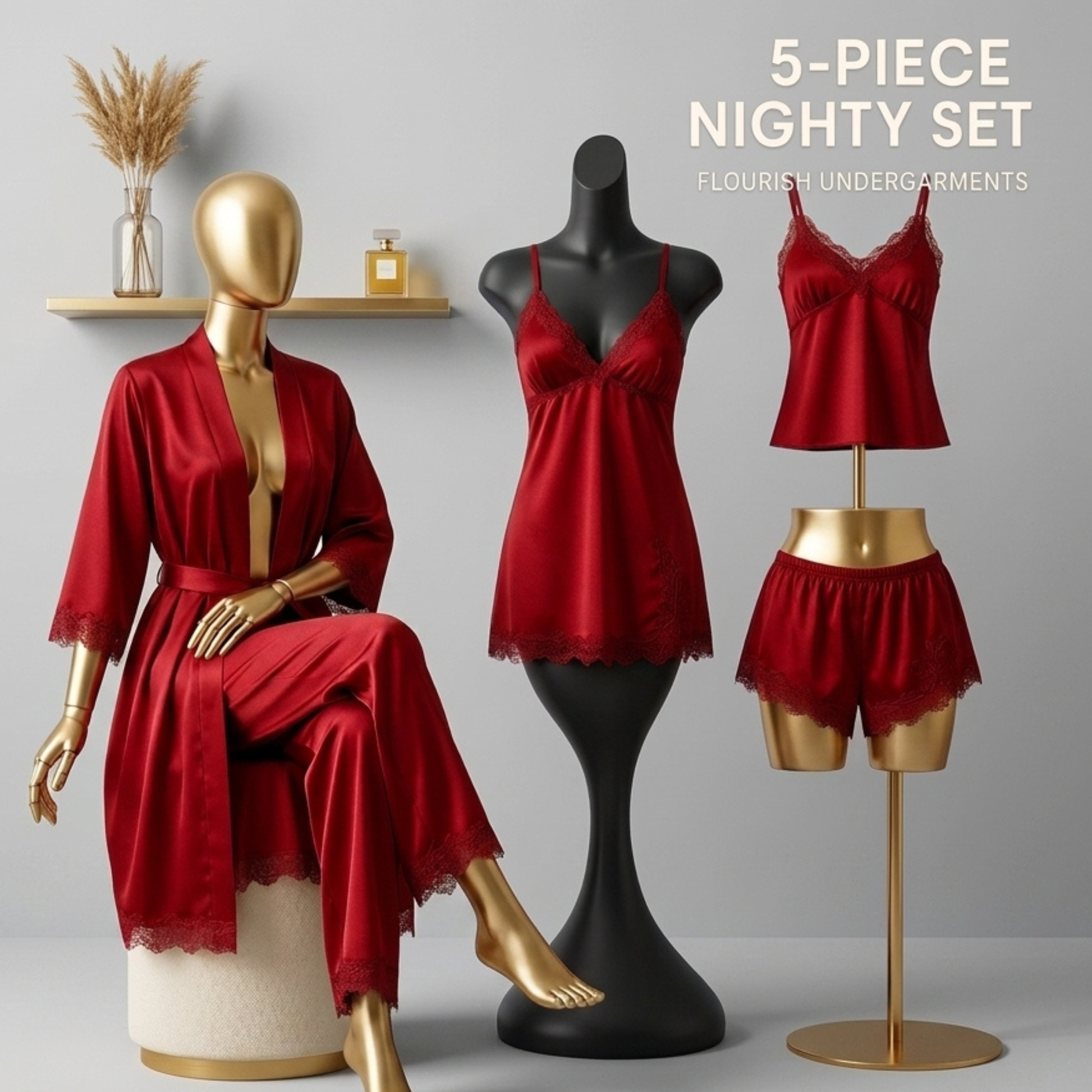 Inner Bazar red satin lace 5-piece nightwear set - worn by model