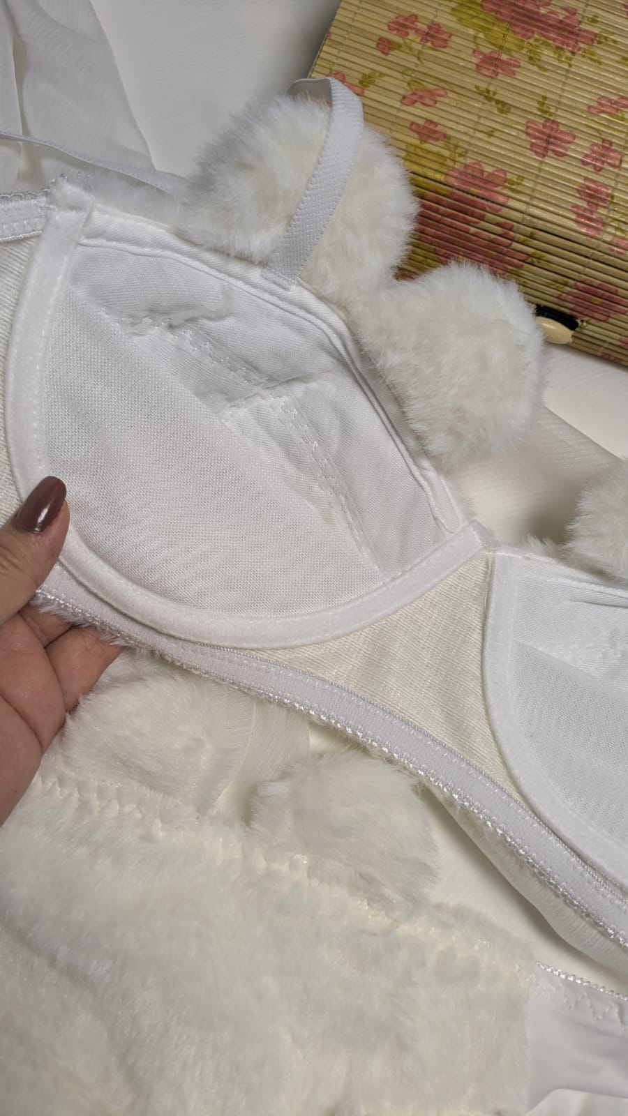 Inner Bazar white teddy bear plush bra and panty set - worn by model 3