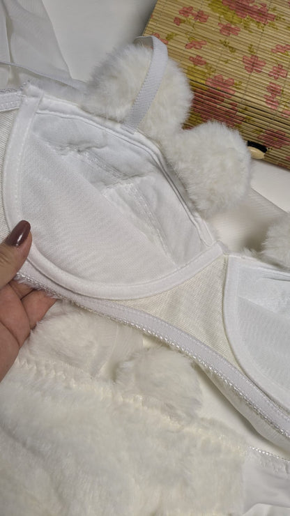 Inner Bazar white teddy bear plush bra and panty set - worn by model 3