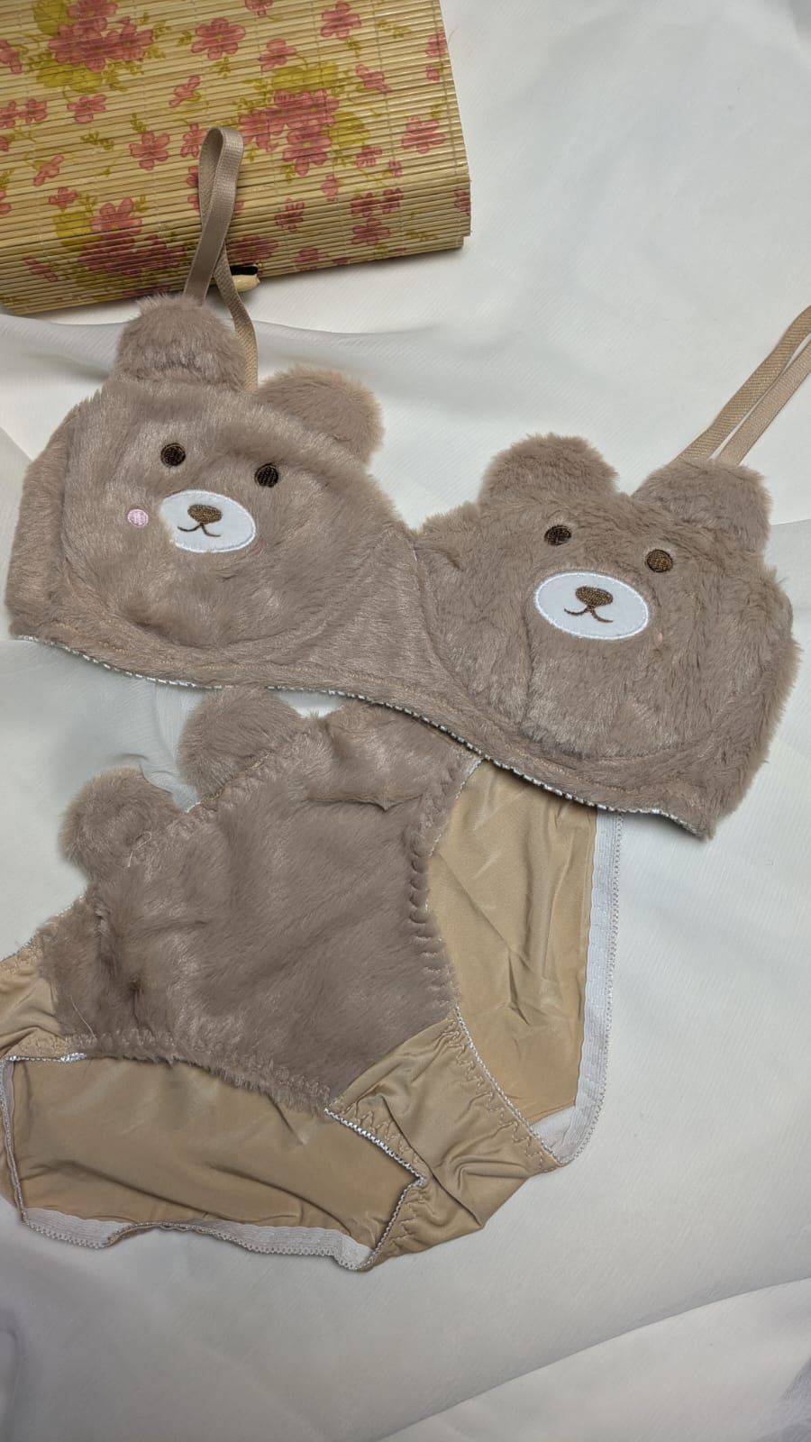 Inner Bazar brown teddy bear plush bra and panty set - worn by model 1