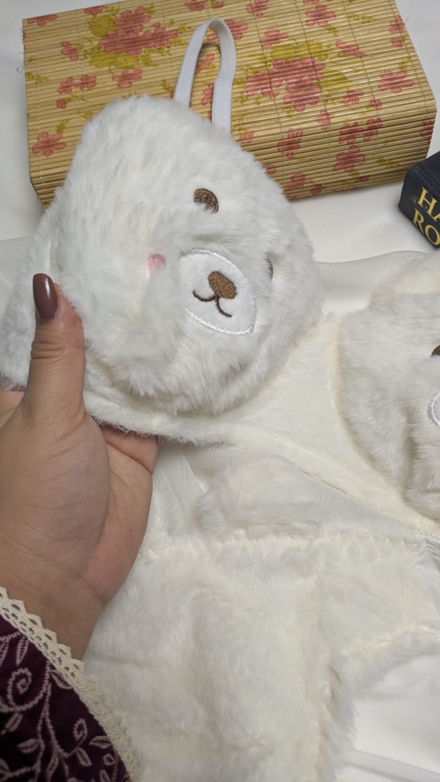 Inner Bazar white teddy bear plush bra and panty set - worn by model 1