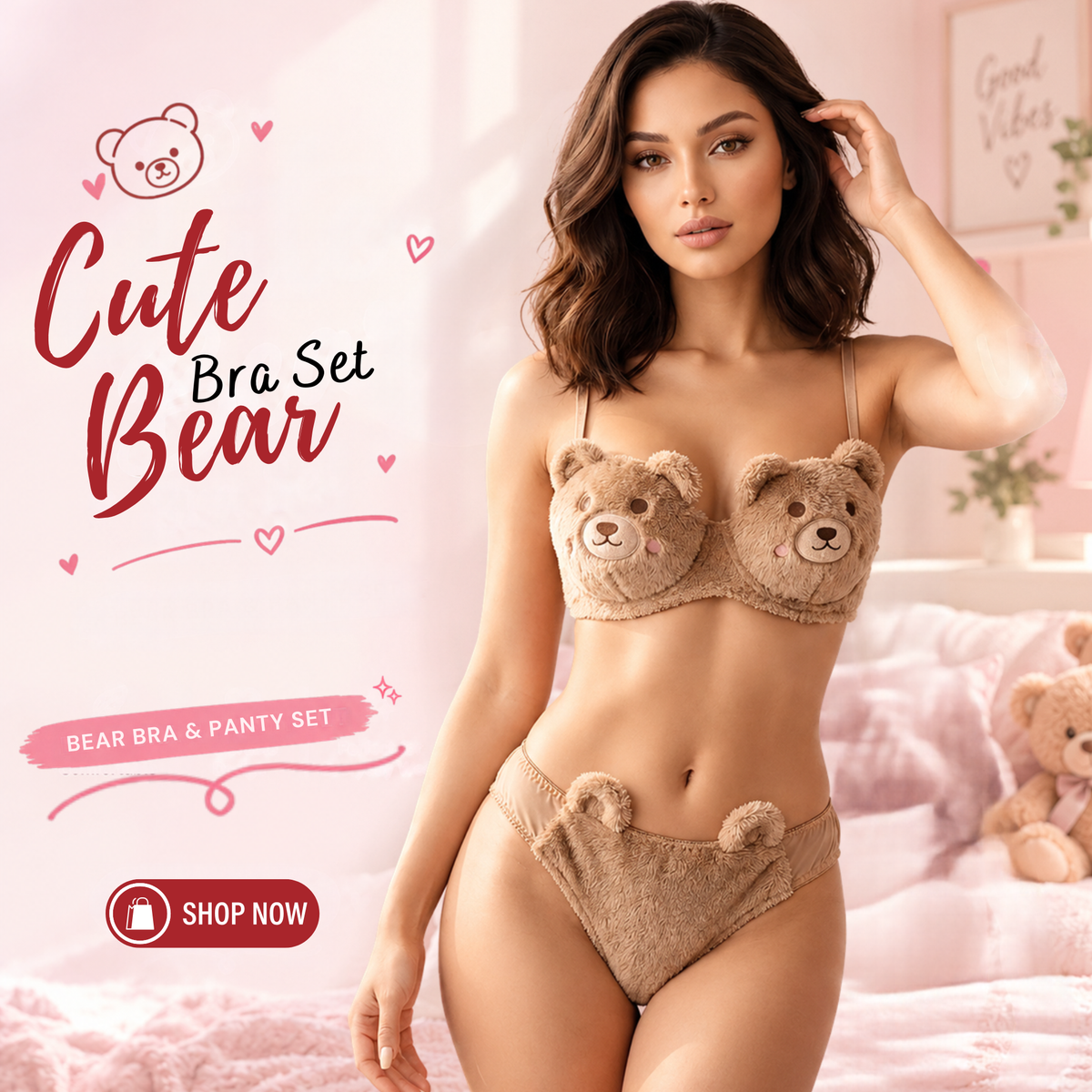 A woman modeling a teddy bear-themed bra and panty set in a soft pink bedroom setting. The set features plush brown bear faces on the cups of the bra and matching bear ears on the panty waistband.