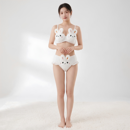 Inner Bazar white cute bunny plush bra and panty set - flat lay view