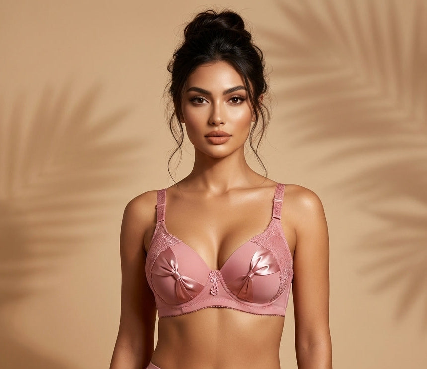 A woman modeling a dusty pink two-piece lingerie set consisting of a lace and satin bra with bow details and matching high-waisted briefs, set against a warm beige background with palm leaf shadows.
