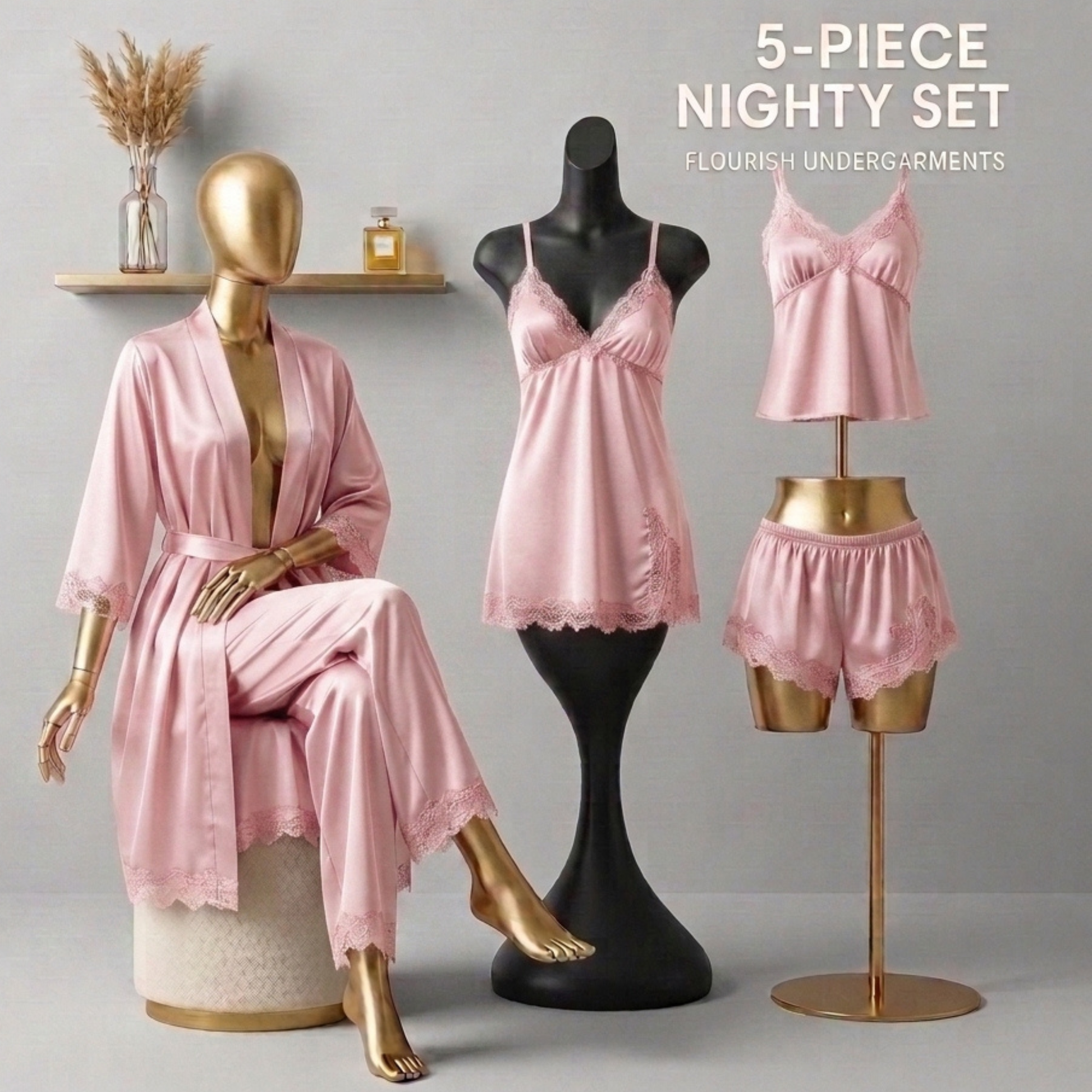 Inner Bazar pink 5-piece satin nightwear set - worn by model