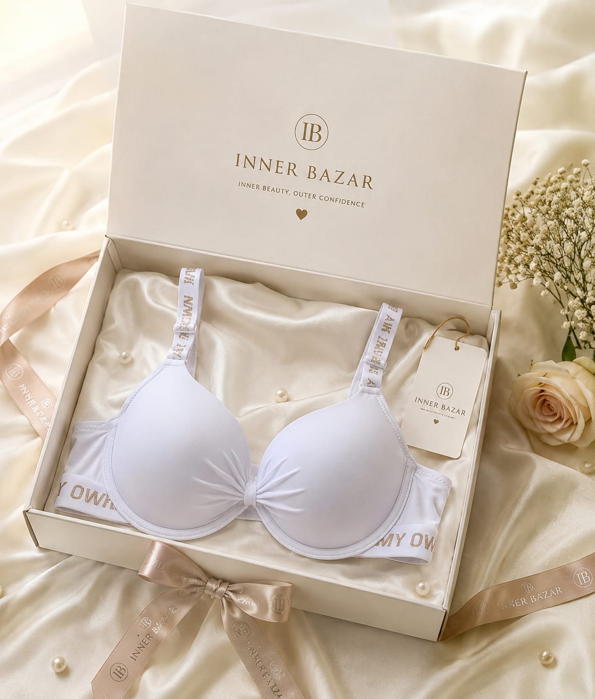 Inner Bazar bow push-up padded bra - white front view