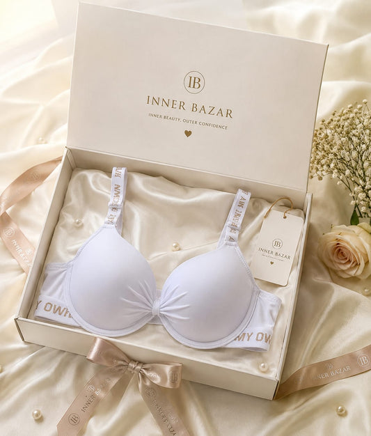 Inner Bazar bow push-up padded bra - white front view