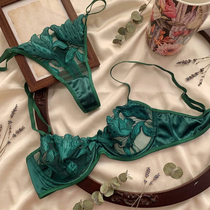 Inner Bazar floral embroidery lace bra and panty set - flat lay view