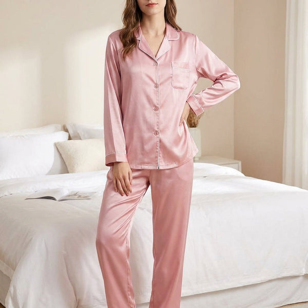 Inner Bazar pink satin pajama set - flat lay view
