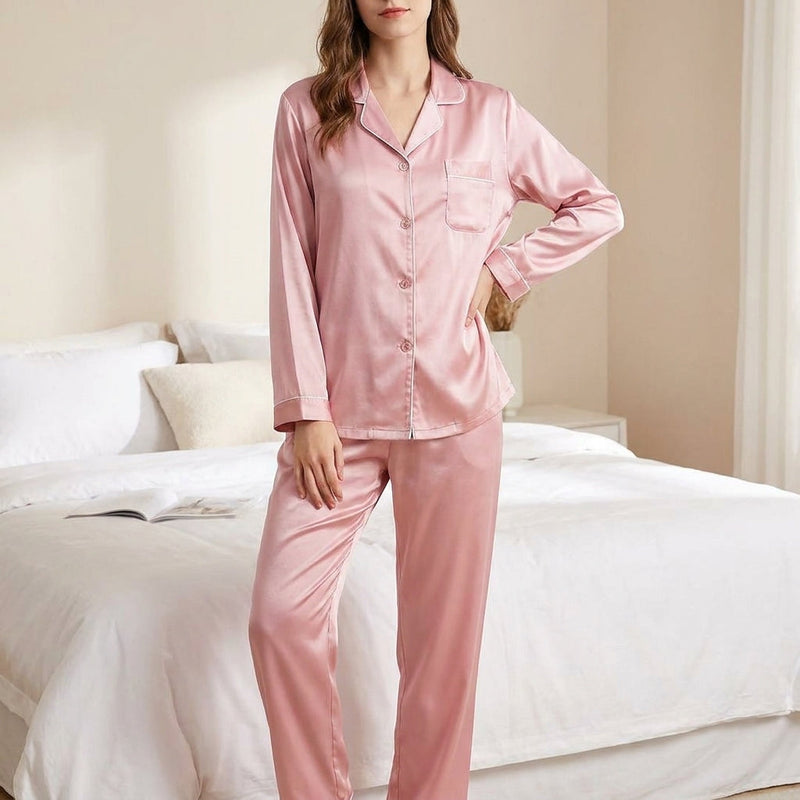 Inner Bazar pink satin pajama set - flat lay view