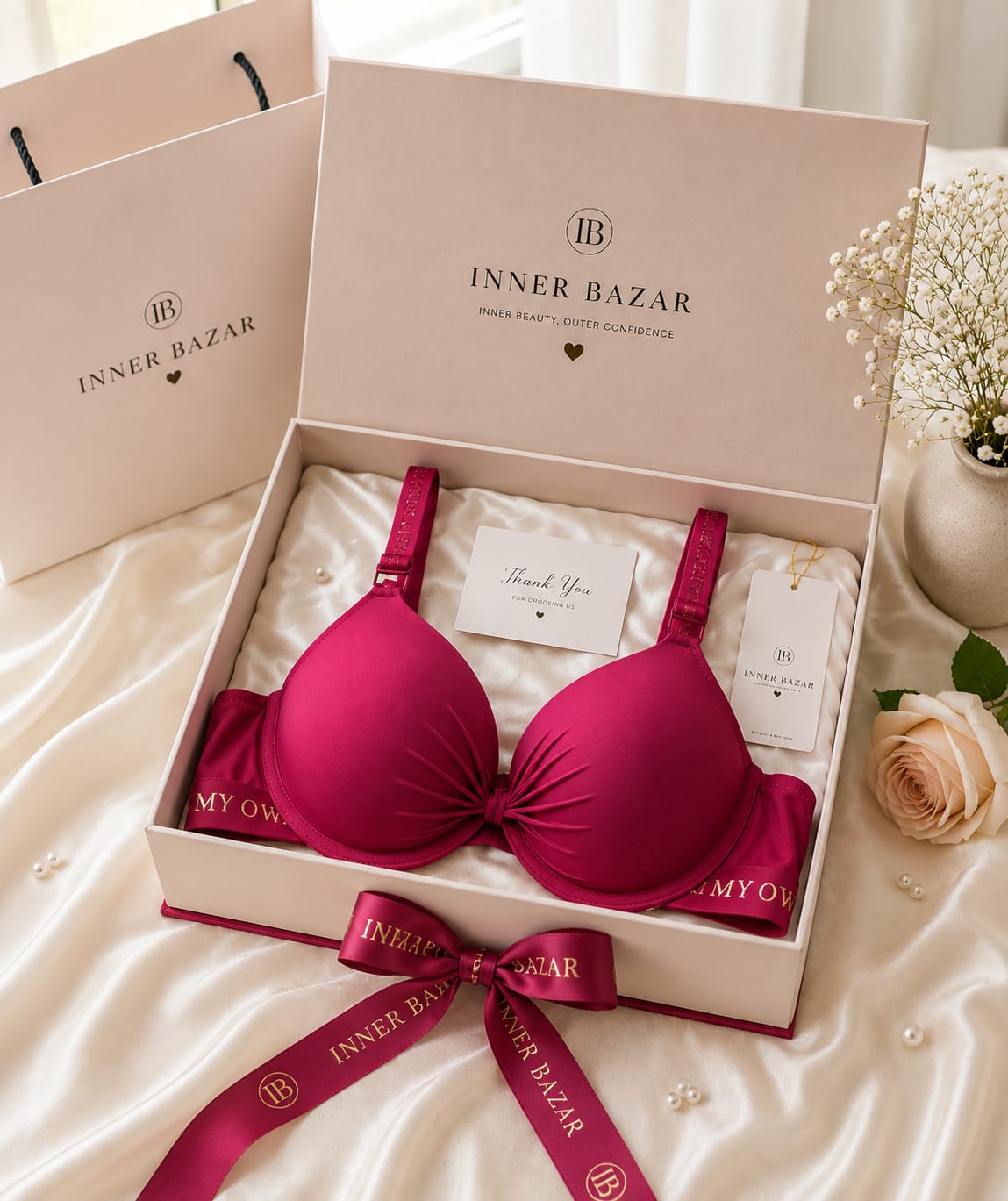 Inner Bazar bow push-up padded bra - red side view