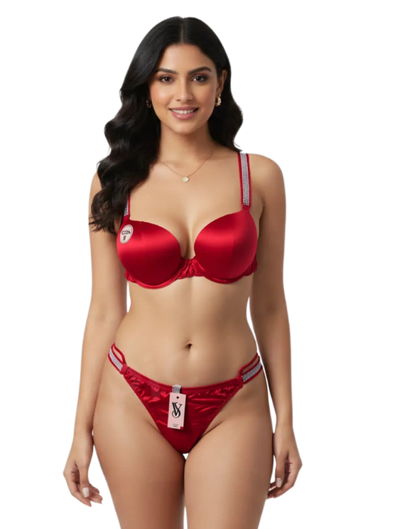 Luxury Printed Padded Bra Panty Set Crystal Straps Push-Up