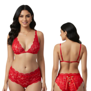 Romantic Red Lace Bralette & Panty Set – Non-Padded Deep V Design