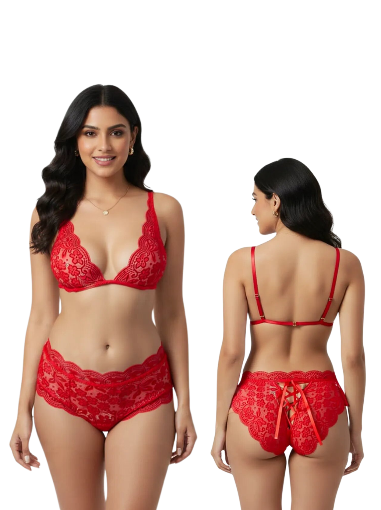 Romantic Red Lace Bralette & Panty Set – Non-Padded Deep V Design