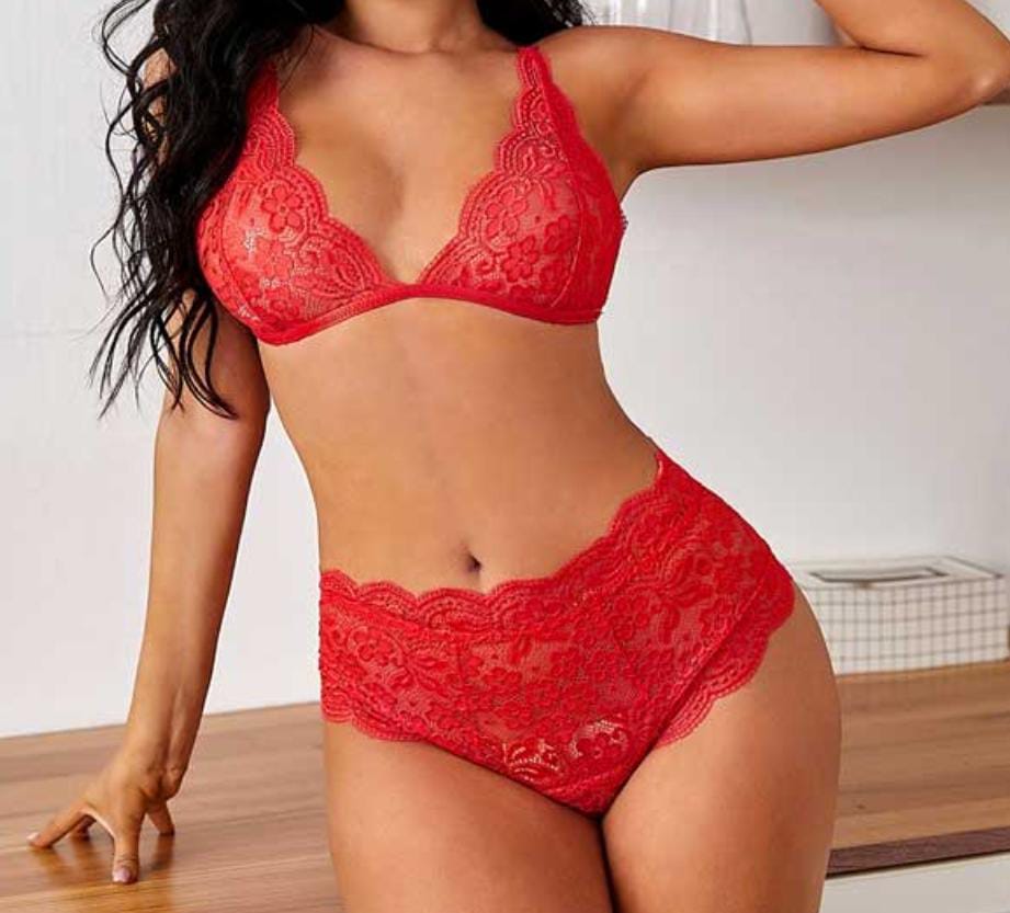 Romantic Red Lace Bralette & Panty Set – Non-Padded Deep V Design - Image 3