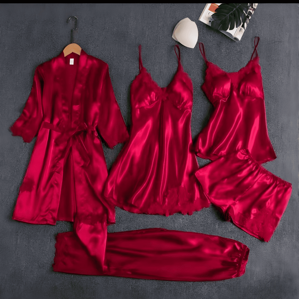 Luxury 5-Piece Satin & Lace Sleepwear Set Lingerie by Inner Bazar