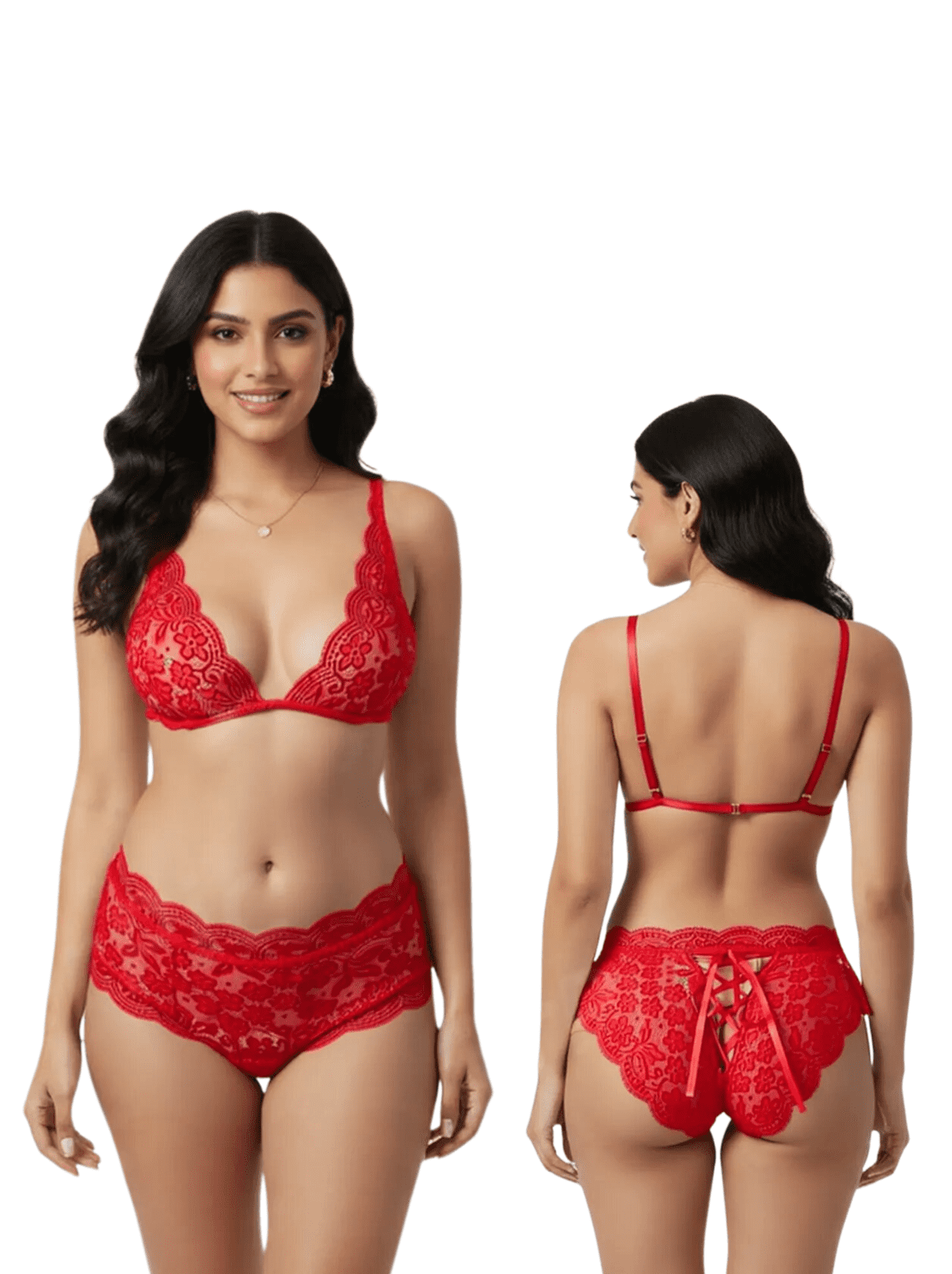 Romantic Red Lace Bralette & Panty Set – Non-Padded Deep V Design