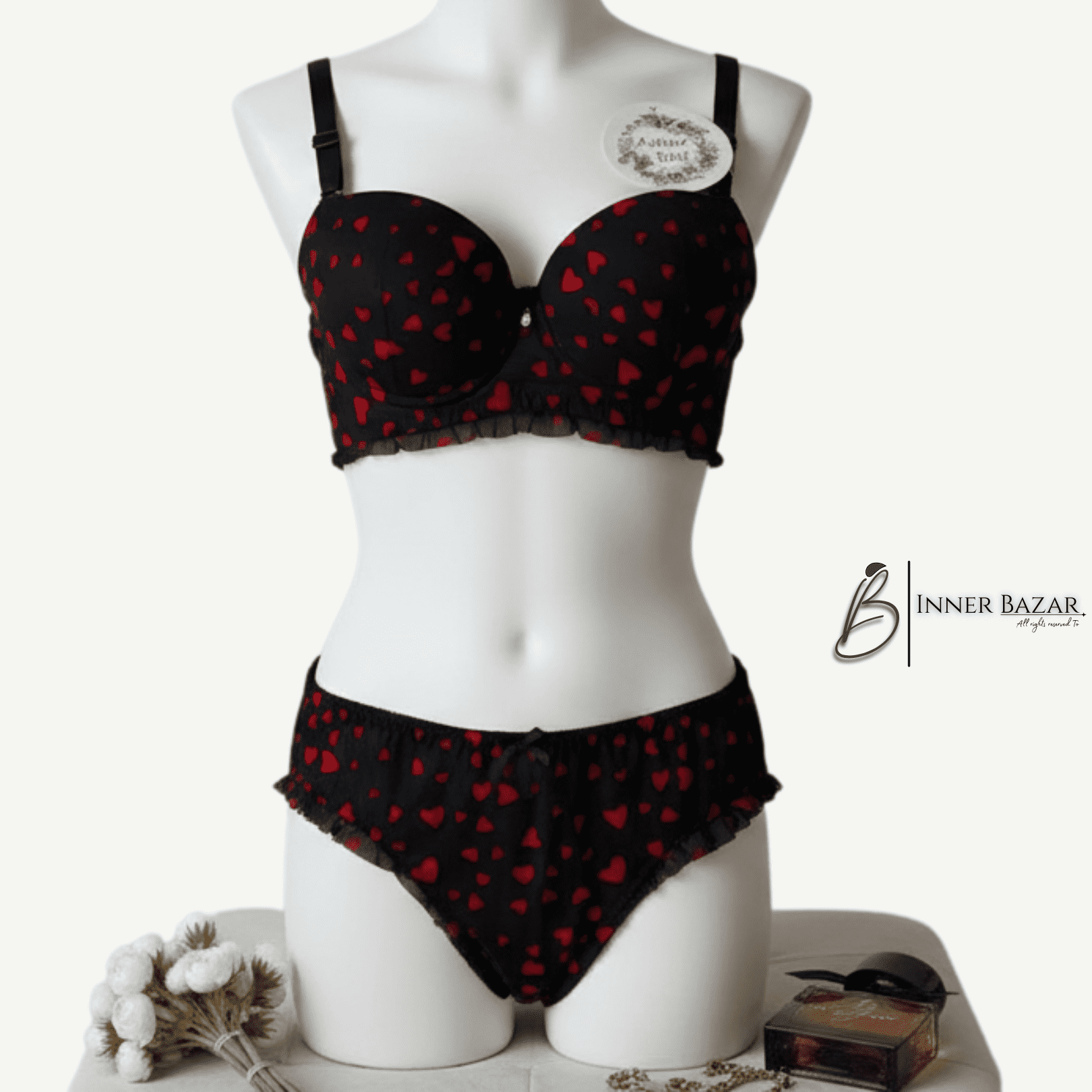 Heart Print Lace Bra & Panty Set – Black & White Romantic Lingerie for Women